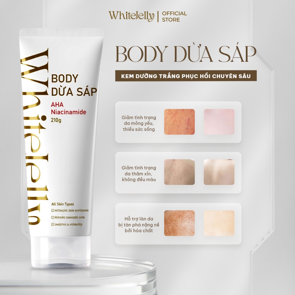 [TẶNG KÈM TÚI] Combo WhiteJelly Kem Body Dừa Sáp và Kem Tẩy Tế Bào Chết Body Than Tre Dừa Sáp Trắng Da, Mịn Da