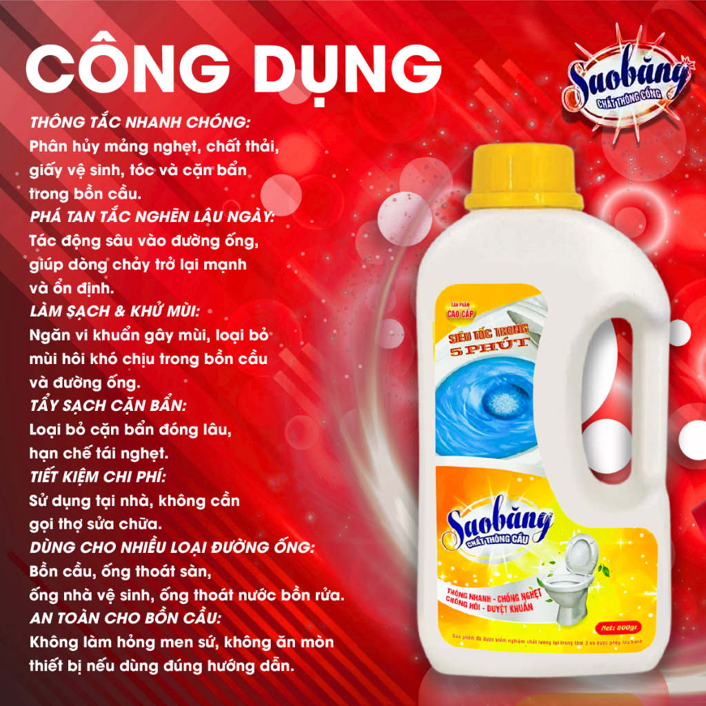 Nước thông cầu Sao Băng, Bột thông cống cực mạnh, thông tắc hiệu quả, thông lavabo, thông cống