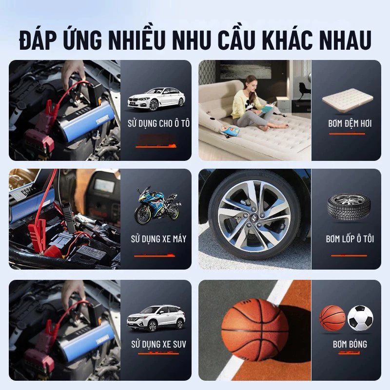Bơm Lốp Kích Bình ắc Quy Ô Tô 4 Trong 1 Wisezen Có Thể Dùng Làm Pin Sạc Dự Phòng Tích Hợp đèn LED Dễ