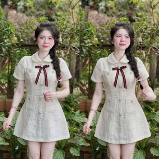 Đầm dạ tweed thời trang Nữ hot trend thiết kế tay ngắn phồng cổ sen đính nơ duyên dáng form váy chữ A xòe nhẹ nhàng