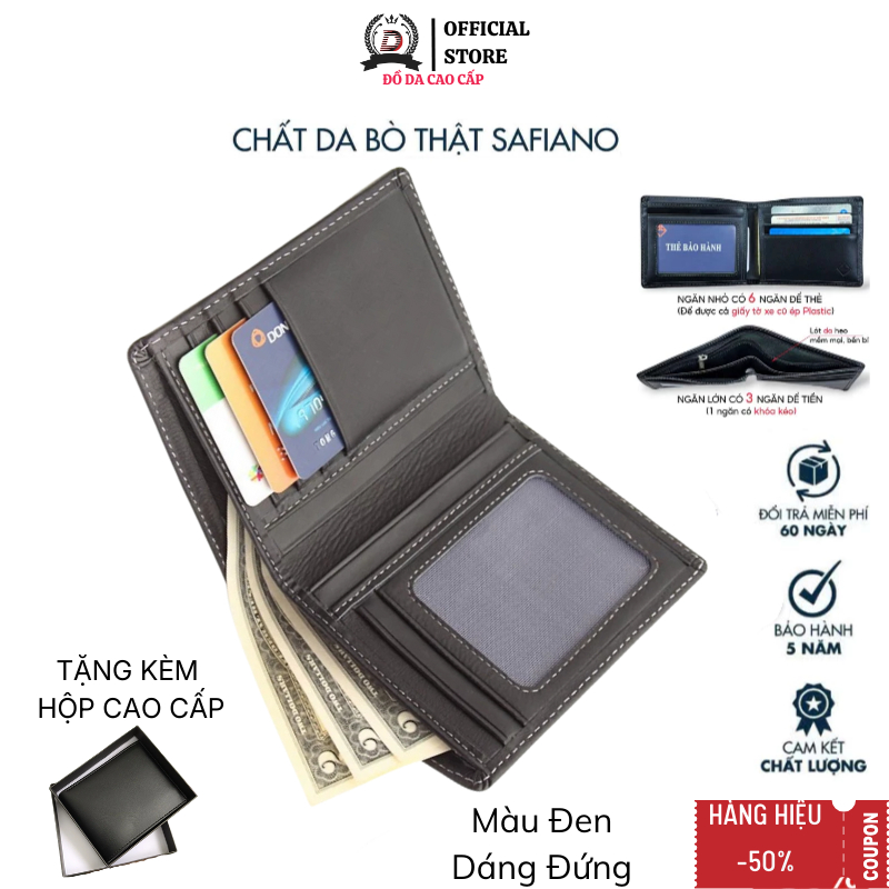 Ví Nam Da Bò Cao Cấp Nhiều Ngăn, Ví Da Nam Dáng Đứng Màu Đen, Nâu Thời Trang Nhỏ Gọn - Classic Leather
