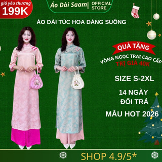 Áo dài Túc Hoa cách tân nữ chất liệu gấm lụa in họa tiết hoa dáng suông tay lỡ, đính hoa Tết 2026