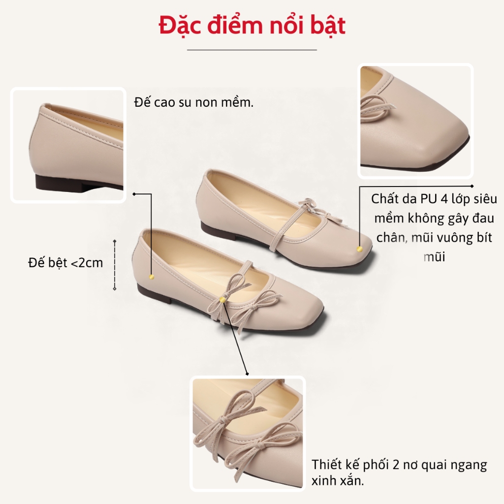Giày Búp Bê Bệt Mũi Vuông Quai 2 Nơ Thanh Lịch Pixie H406