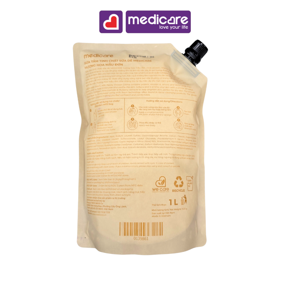 Sữa tắm dê MEDiCARE Premium Peony túi 1 lít