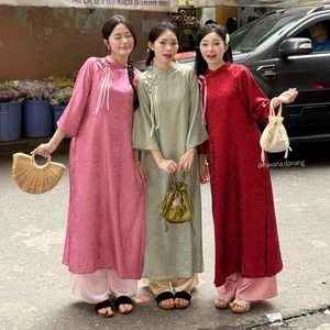 Áo dài lụa nhũ DIỆP TRÂN phối cúc sò dây cách điệu kèm quần lụa Satin AD231