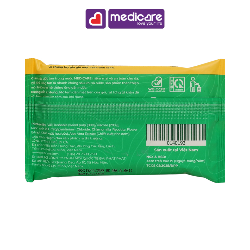 Khăn ướt MEDiCARE tan trong nước 4 gói x 10 tờ