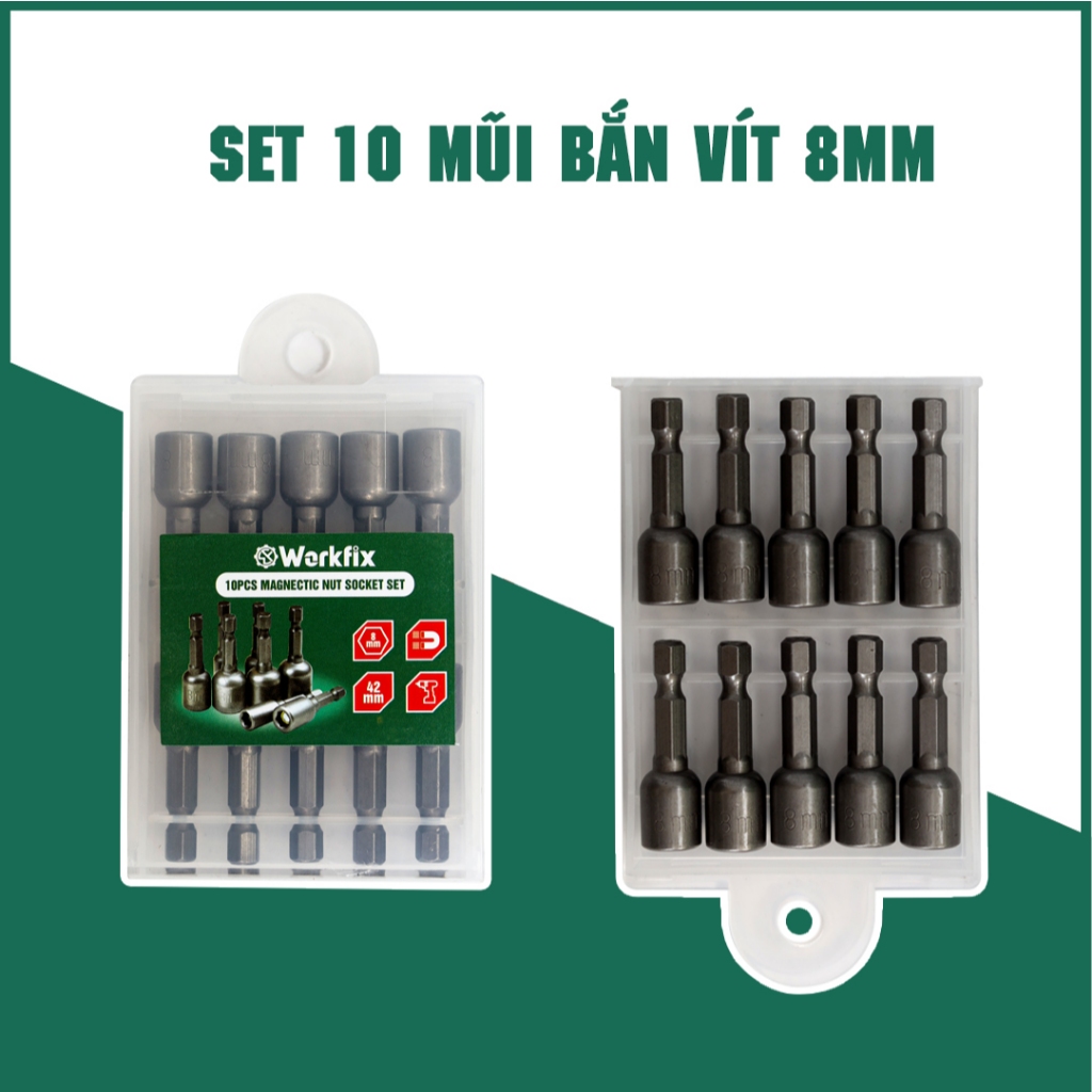 SET 10 MŨI BẮN VÍT TÔN TỪ TÍNH 8MM WORKFIX – ĐÓNG GÓI HỘP TIỆN DỤNG