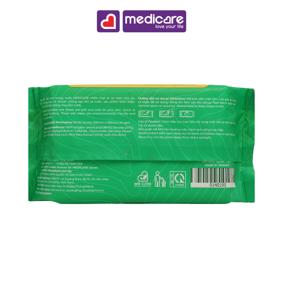 Khăn ướt MEDiCARE tan trong nước gói 60 tờ