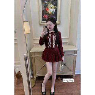 Set dạ bling áo phối ren chân váy xếp ly Eva  hamichi