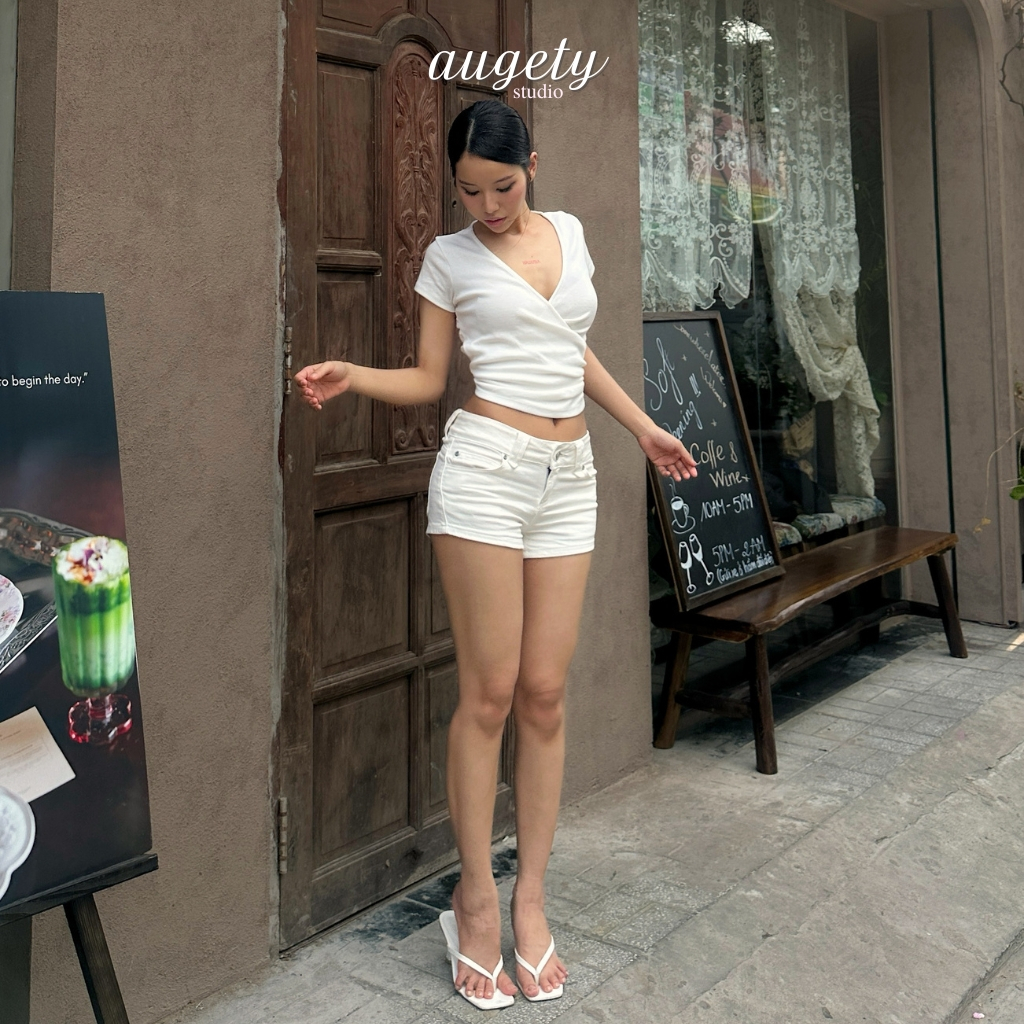 Áo Thun Nữ Cổ Tim Khoét Vạt Đắp Chéo Nhún Chiết Eo Thun Gân Mềm Mịn Augety Studio, VEE TOP