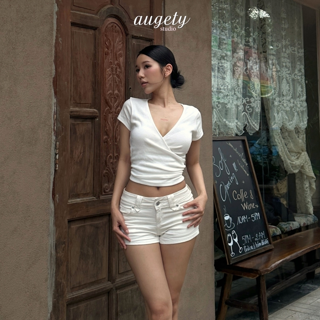Áo Thun Nữ Cổ Tim Khoét Vạt Đắp Chéo Nhún Chiết Eo Thun Gân Mềm Mịn Augety Studio, VEE TOP