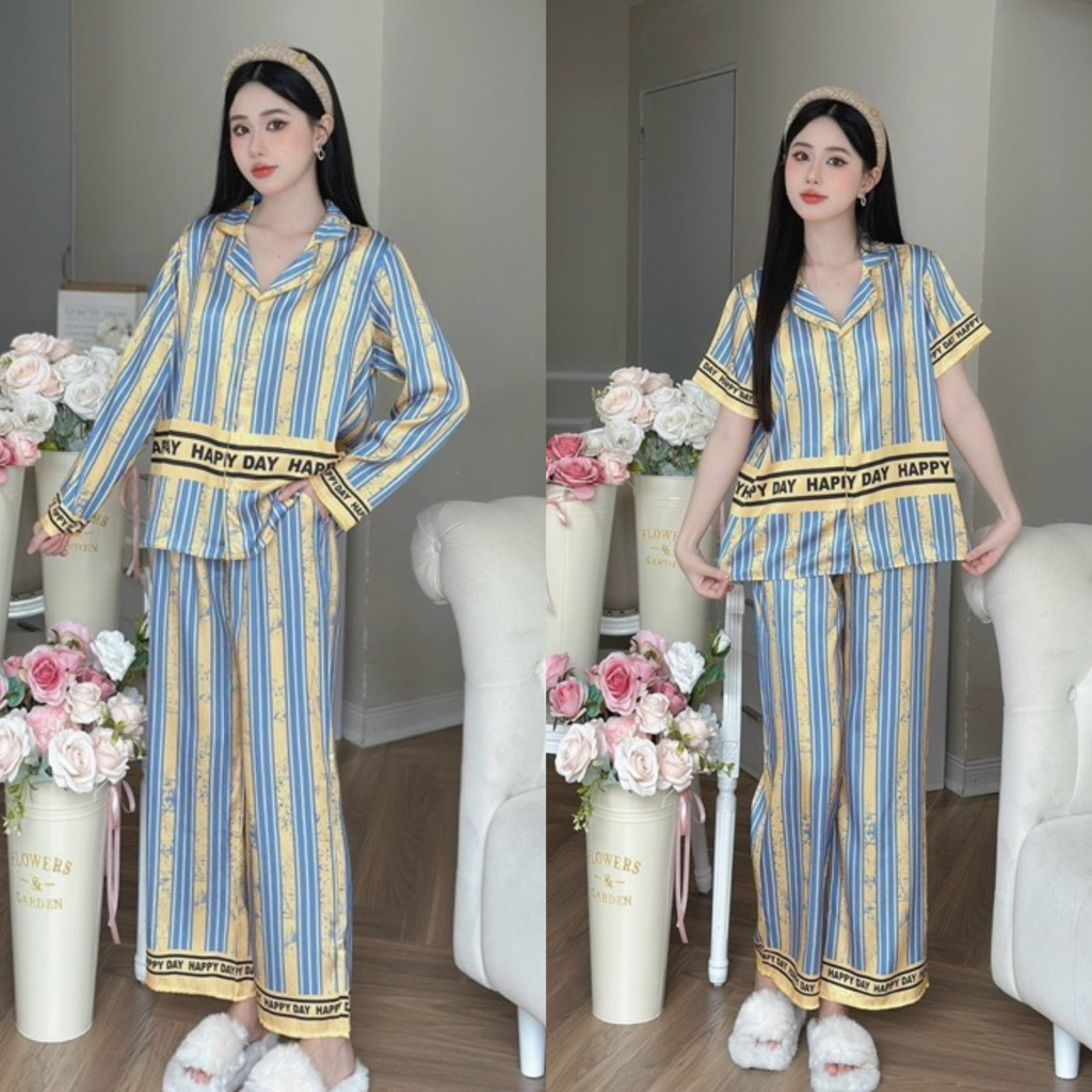 Bộ ngủ pijama mặc nhà cho nữ sọc vàng sang
