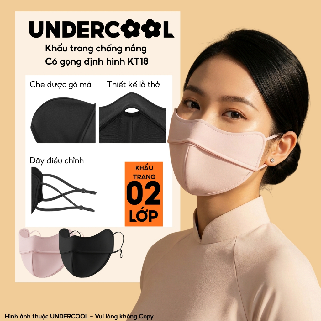 Khẩu trang chống nắng UNDERCOOL  2 lớp gọng định hình chống lem son, chống tia UV UPF50++, thoáng khí , Live KT18