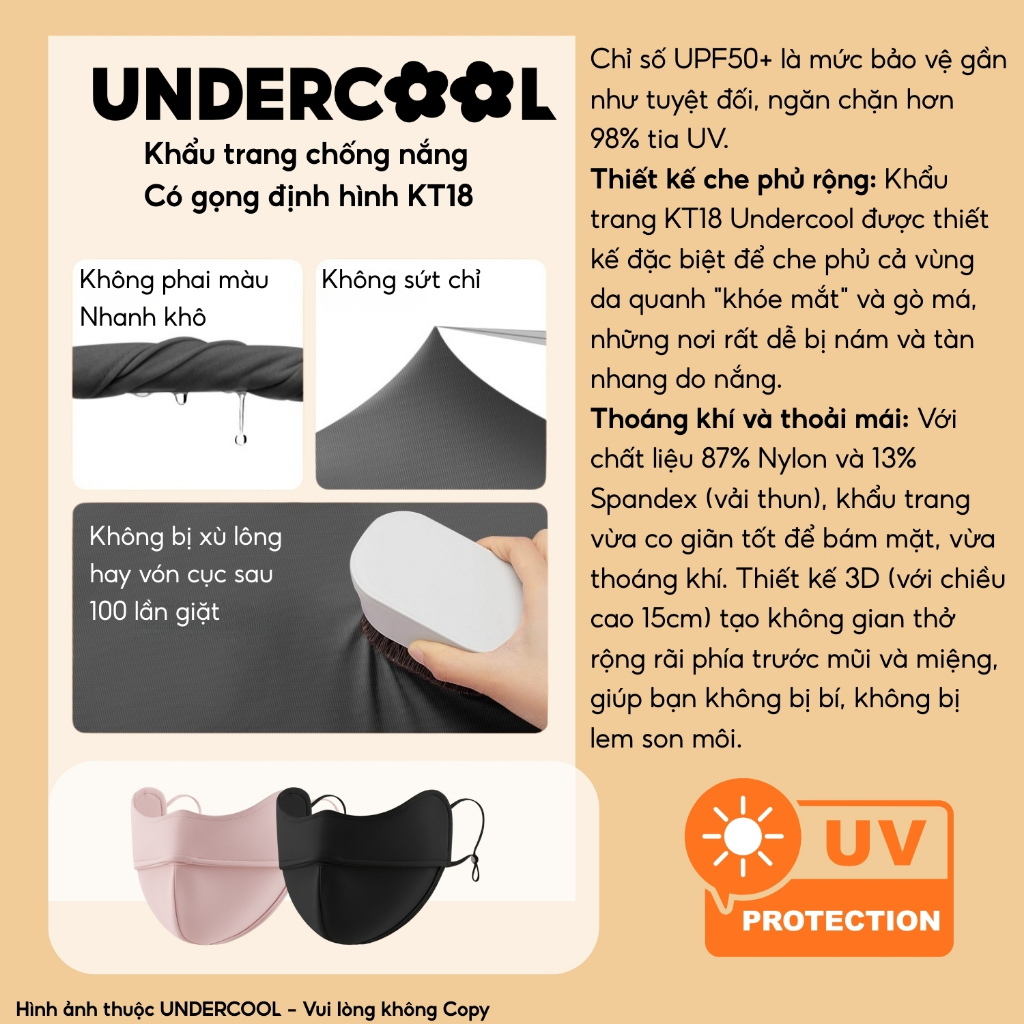 Khẩu trang chống nắng UNDERCOOL  2 lớp gọng định hình chống lem son, chống tia UV UPF50++, thoáng khí , Live KT18