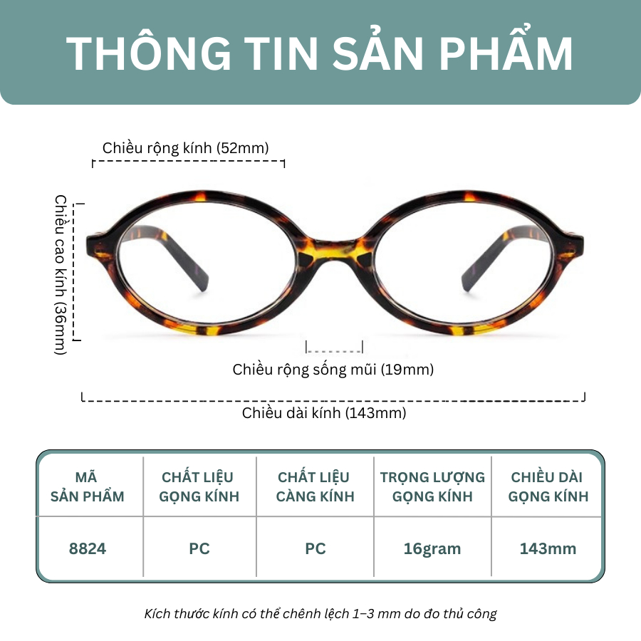 Kính Mắt Thời Trang INNI Form Oval Hợp Mọi Dáng Mặt, Kính Học Sinh Sinh Viên Có Thể Lắp Độ Cận -8824