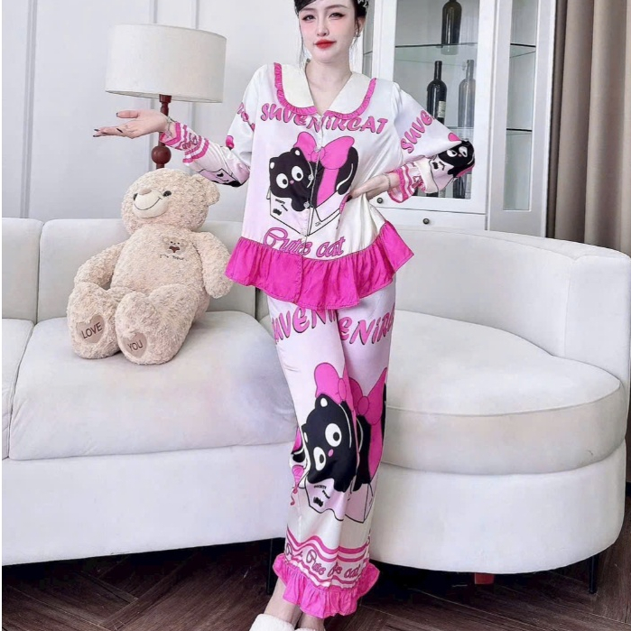Đồ bộ mặc nhà nữ dễ thương,đồ ngủ tiểu thư,bộ pijama không cài nút lụa  họa tiết cute hottrend [57]