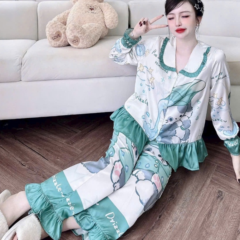Đồ bộ mặc nhà nữ dễ thương,đồ ngủ tiểu thư,bộ pijama không cài nút lụa  họa tiết cute hottrend [57]