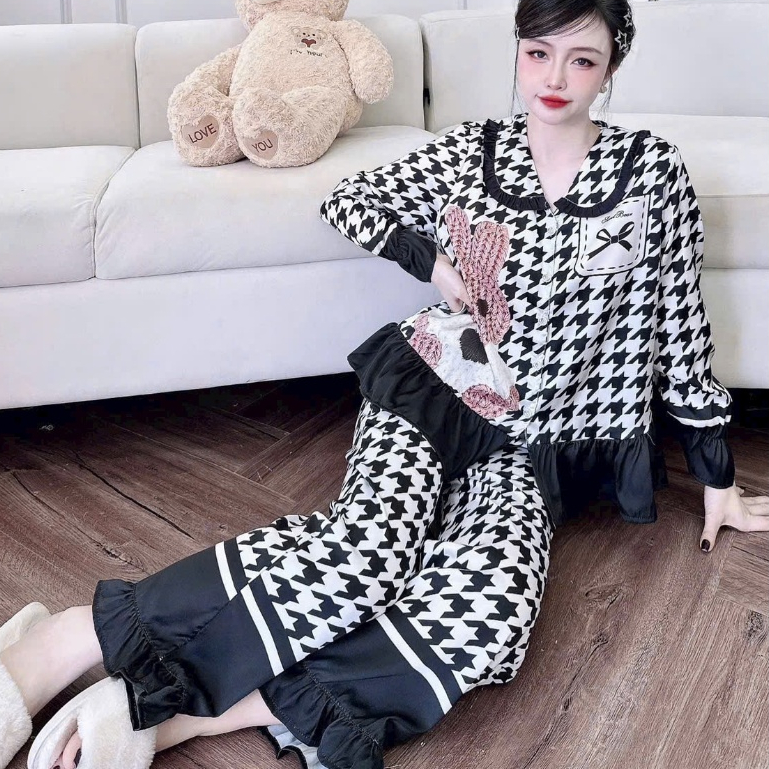 Đồ bộ mặc nhà nữ dễ thương,đồ ngủ tiểu thư,bộ pijama không cài nút lụa  họa tiết cute hottrend [57]