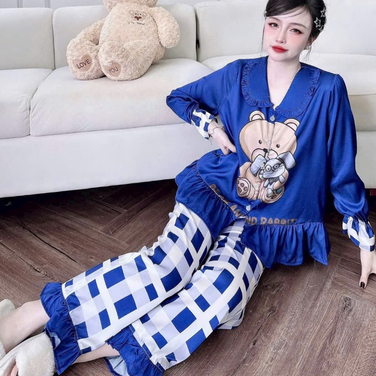 Đồ bộ mặc nhà nữ dễ thương,đồ ngủ tiểu thư,bộ pijama không cài nút lụa  họa tiết cute hottrend [57]