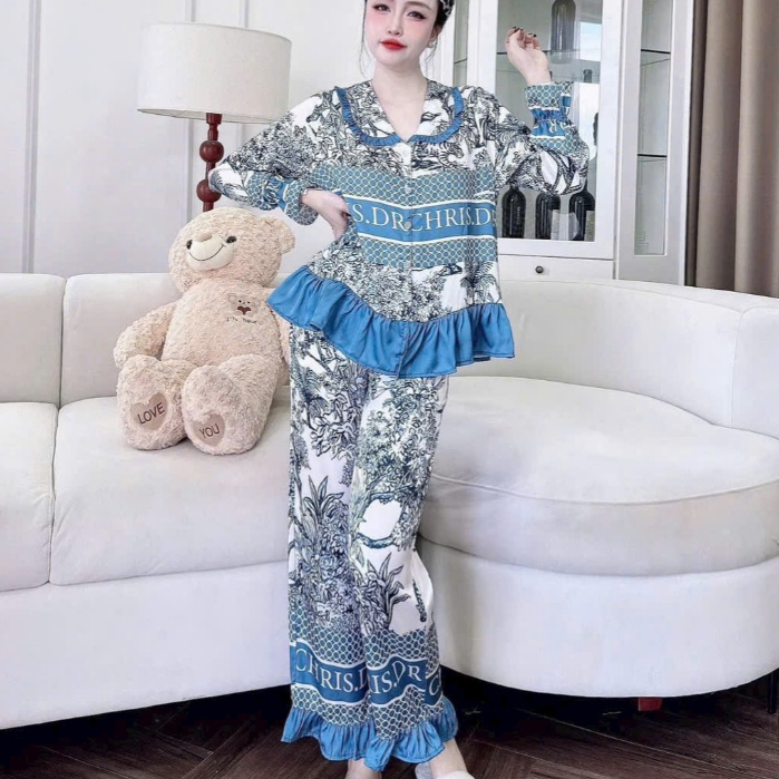 Đồ bộ mặc nhà nữ dễ thương,đồ ngủ tiểu thư,bộ pijama không cài nút lụa  họa tiết cute hottrend [57]