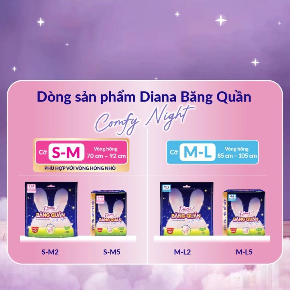 Băng Vệ Sinh Dạng Quần Diana Comfy Night Size M-L 18 Miếng - Siêu Thấm Hút, Chống Tràn Tối Đa