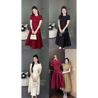 Đầm thời trang Nữ dáng dài diện được nhiều dịp chất tuyết mưa ngắn tay cổ tròn đơn giản đính bông chạy viền nơ ngang