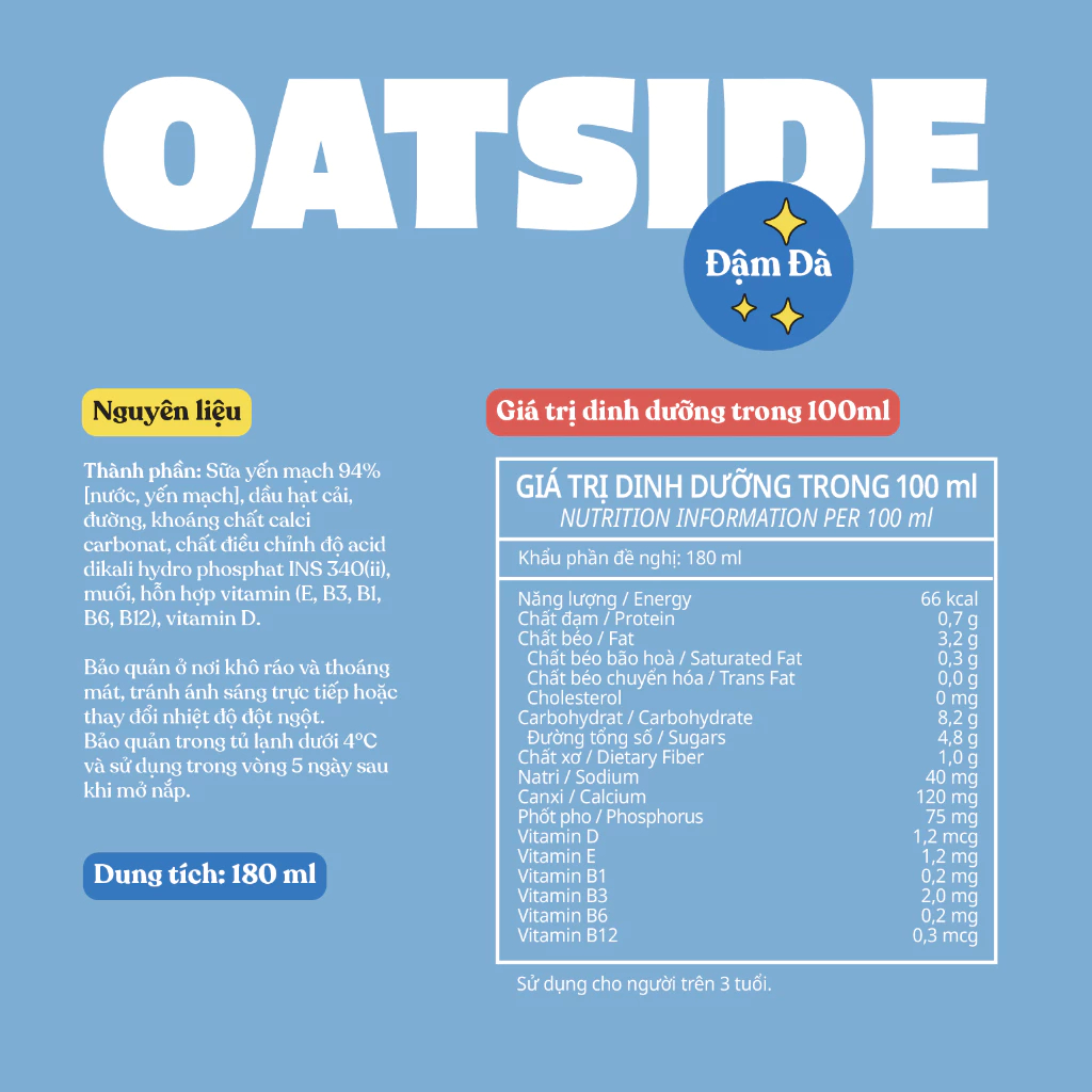 Sữa Yến Mạch Có Đường Oatside Deluxe Mini Lốc 3 Hộp 180ml, Thơm Ngon Đậm Vị Bổ Sung Dinh Dưỡng