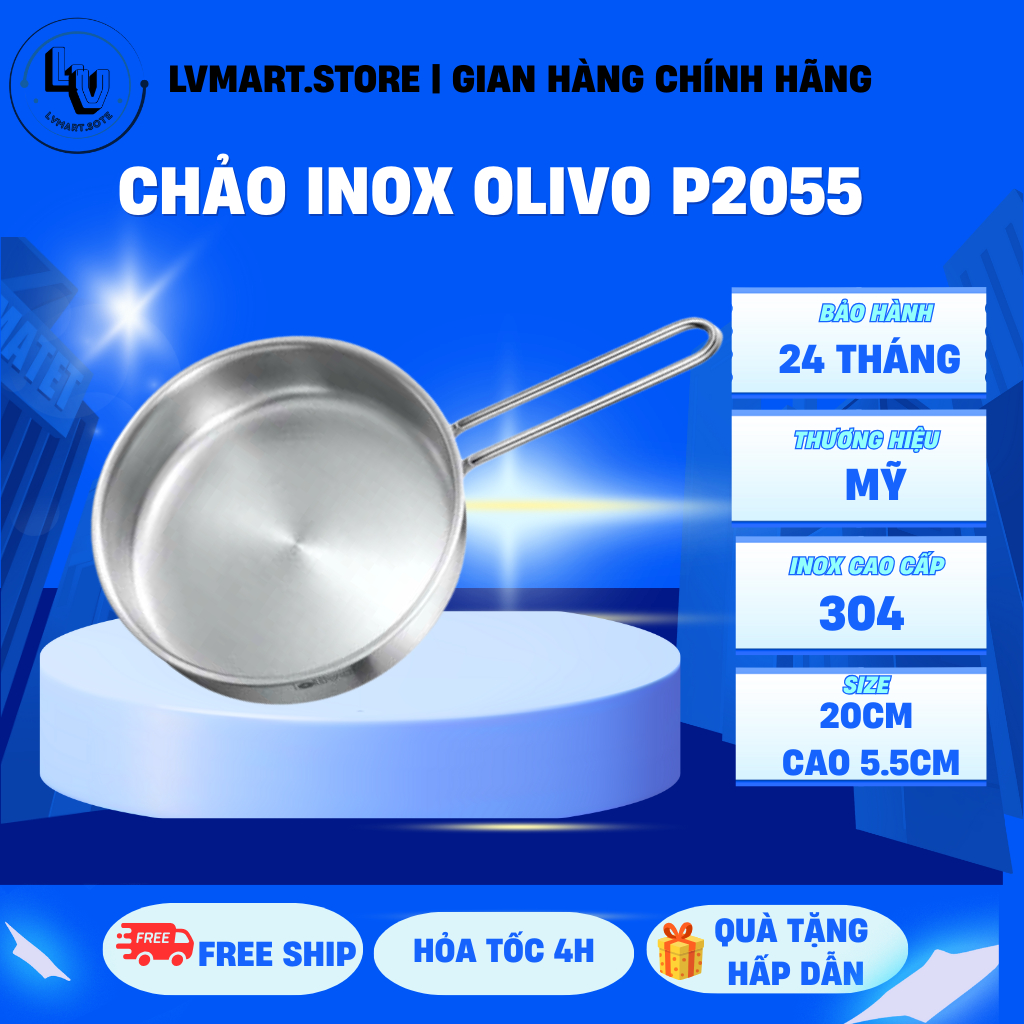 Chảo Inox OLIVO P2055 20cm cao 5,5cm - Chảo 3 lớp chống dính tự nhiên ...