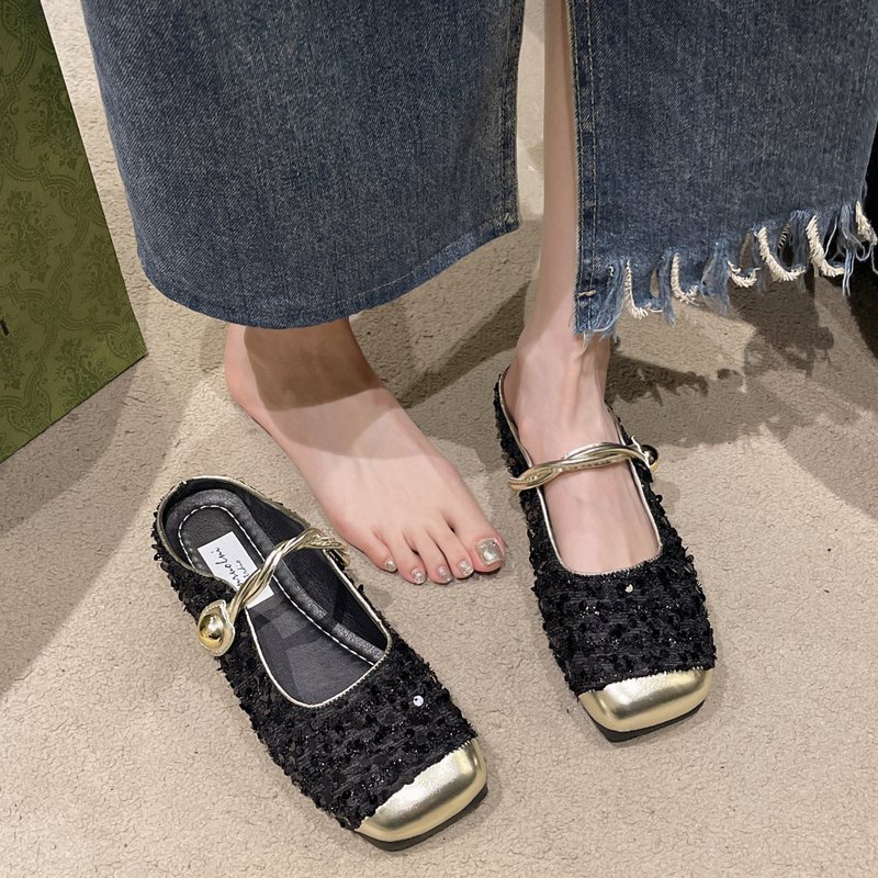 Giày Sục Mule Mary Jane Tweed CAO CẤP Đính Kim Sa – Mũi Vuông Bọc Kim Loại, Quai Xoắn