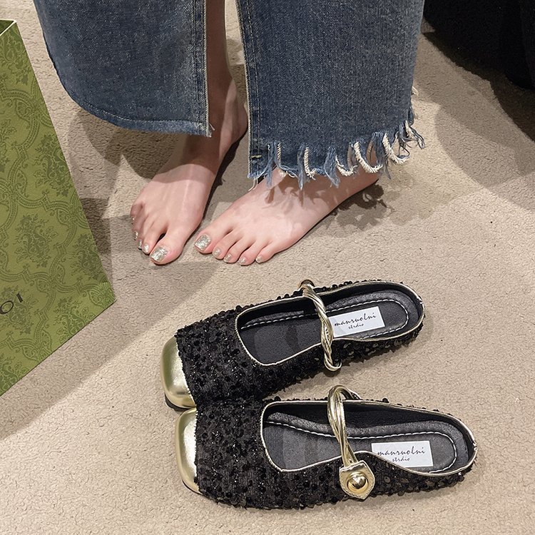 Giày Sục Mule Mary Jane Tweed CAO CẤP Đính Kim Sa – Mũi Vuông Bọc Kim Loại, Quai Xoắn