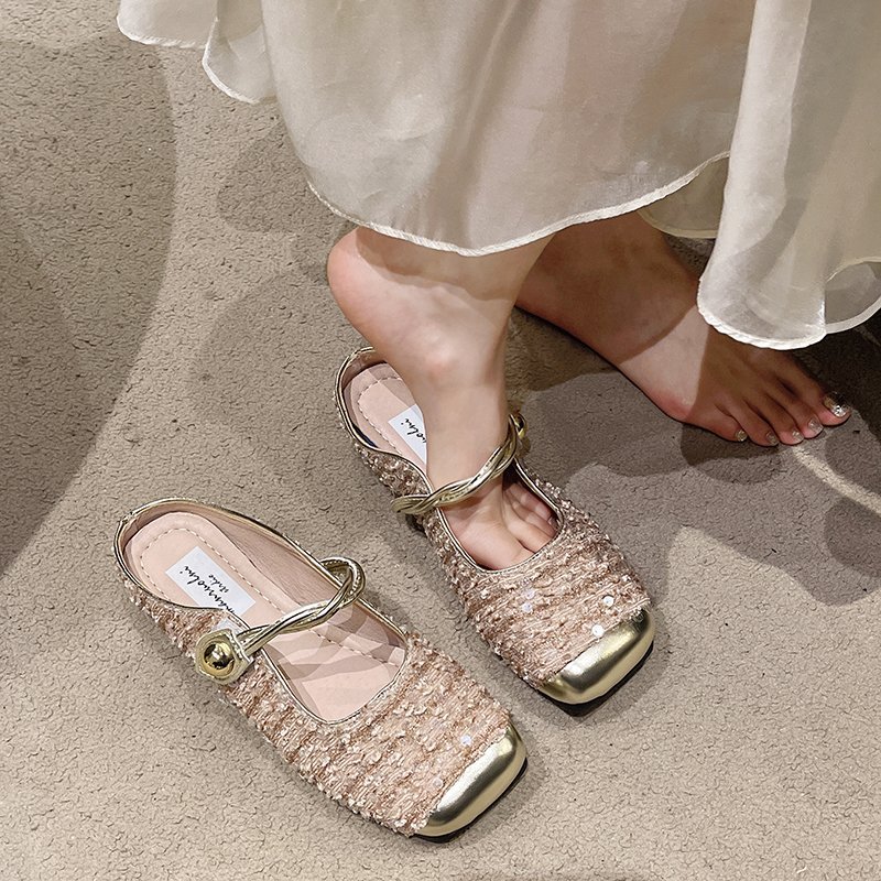 Giày Sục Mule Mary Jane Tweed CAO CẤP Đính Kim Sa – Mũi Vuông Bọc Kim Loại, Quai Xoắn