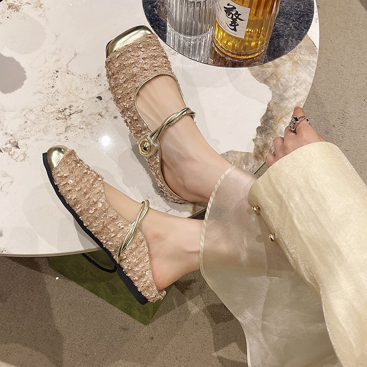 Giày Sục Mule Mary Jane Tweed CAO CẤP Đính Kim Sa – Mũi Vuông Bọc Kim Loại, Quai Xoắn