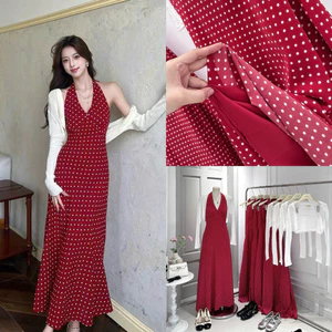 SEP House - Set đầm đỏ chấm bi dáng dài maxi cổ V yếm sát nách phối khoác mỏng tay dài nữ tính - Hàng chuẩn ảnh