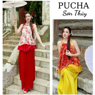 Sét yếm tơ Sơn Thủy mặc Tết,,yếm Trung Thu phối quần lụa suông ống rộng