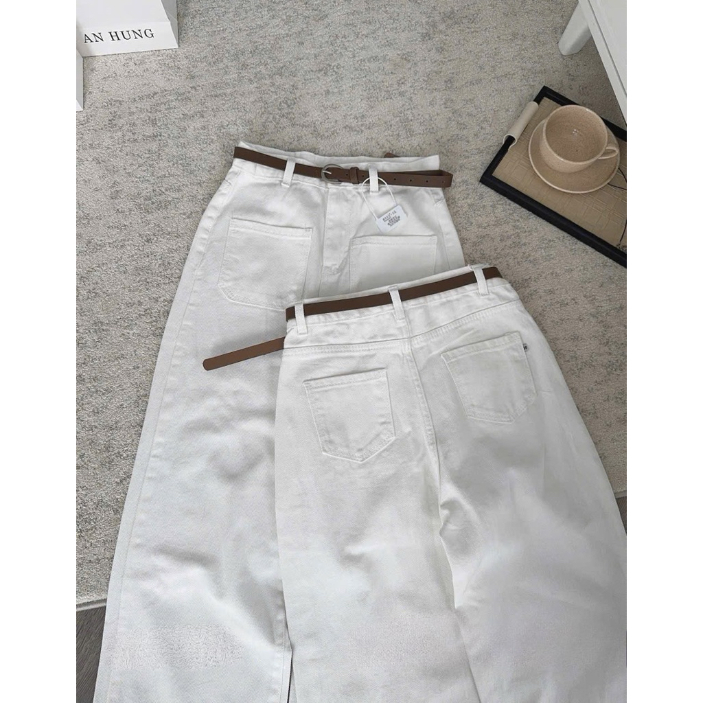 Quần Jean Nữ Ống Suông Trắng Túi Ốp , Quần Bò Nữ Lưng Cao Hack Dáng Vải Mềm Dài 102cm CHEZI HOUSE #8403