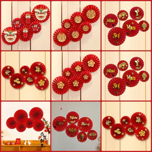 Set 6 quạt giấy đỏ, cam, hồng cao cấp, trang trí đám cưới, lễ hội, Tết, trang trí năm mới