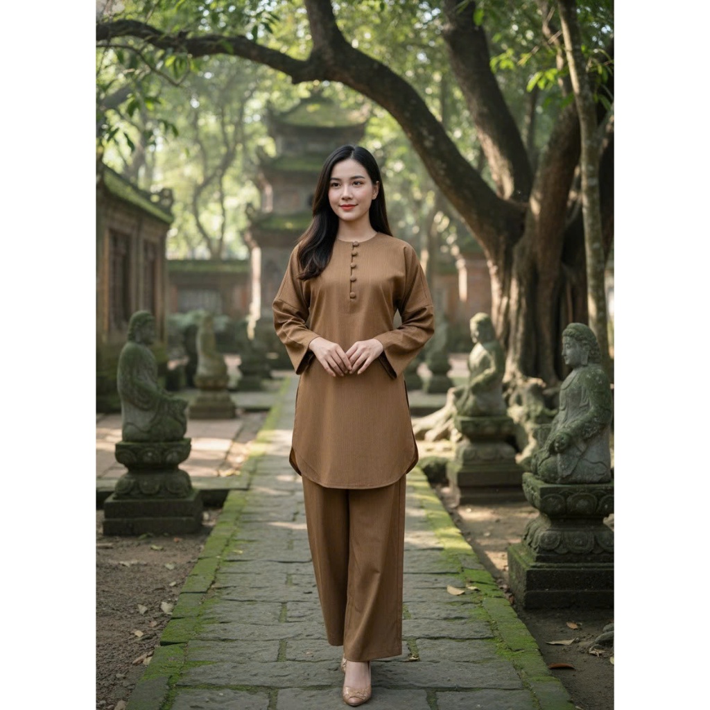Tịnh Tâm Liên Hoa Đồ Lam Tay Dài Chất Vải Linen Cao Cấp Pháp Phục Đi Chùa Mềm Nhẹ Thoáng Mát - Tuệ Quang