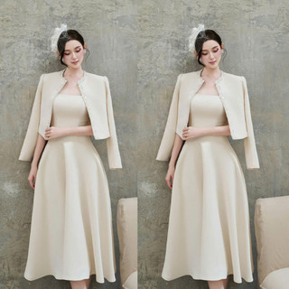 MIMI CLOTHING - Set váy đầm kem dáng dài phối áo khoác lửng đính viền ngọc trai