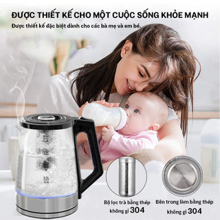 BH 24 Tháng/Ấm siêu tốc 2.2 lít,bình thủy tinh gồm lõi lọc trà bằng inox,1500W Đun Nước Nhanh Chóng, Tiết Kiệm Điện