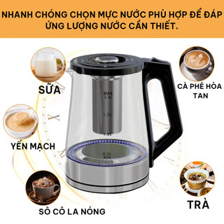 BH 24 Tháng/Ấm siêu tốc 2.2 lít,bình thủy tinh gồm lõi lọc trà bằng inox,1500W Đun Nước Nhanh Chóng, Tiết Kiệm Điện