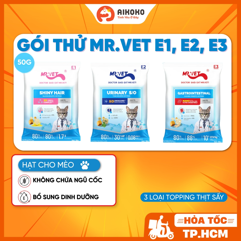 Hạt Cho Mèo Mr.Vet E1, E2, E3 Gói 50g - Tăng Cường Hấp Thu, Dưỡng Lông Và Hỗ Trợ Tiết Niệu - Aikoko