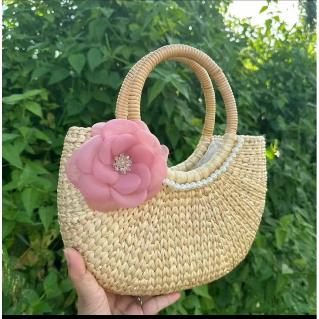 Túi cói lục bình vintage đính hoa ruy băng hàng loại 1
