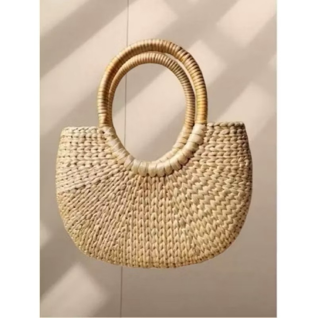 Túi cói lục bình vintage đính hoa ruy băng hàng loại 1