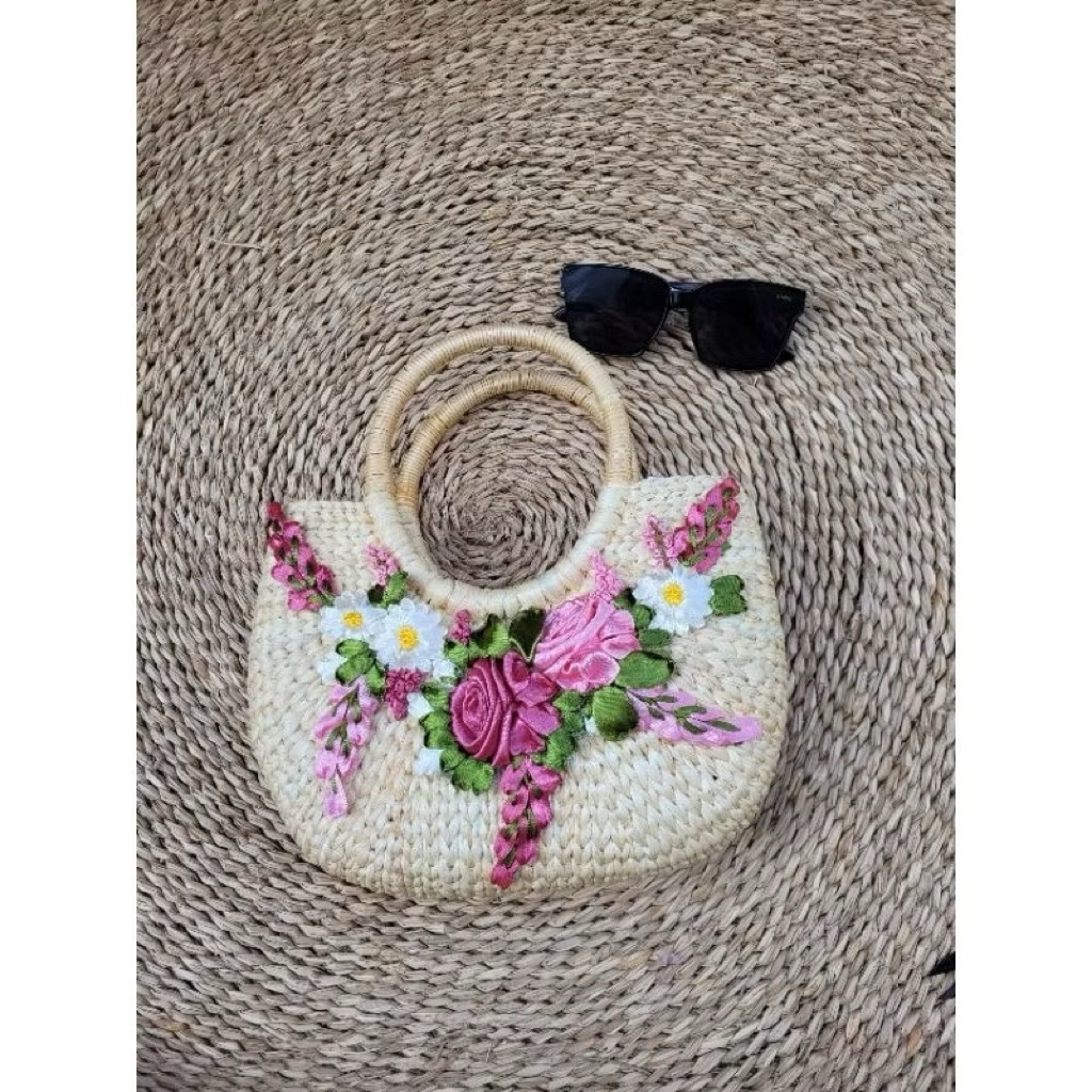 Túi cói lục bình vintage đính hoa ruy băng hàng loại 1