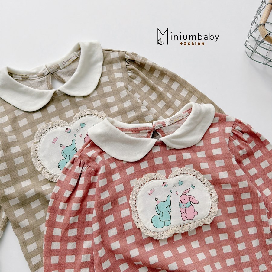 Set bộ dài tay bé gái cổ sen Miniumbaby may viền ngực thỏ voi điệu đà, chất áo cotton mềm mại SB2545