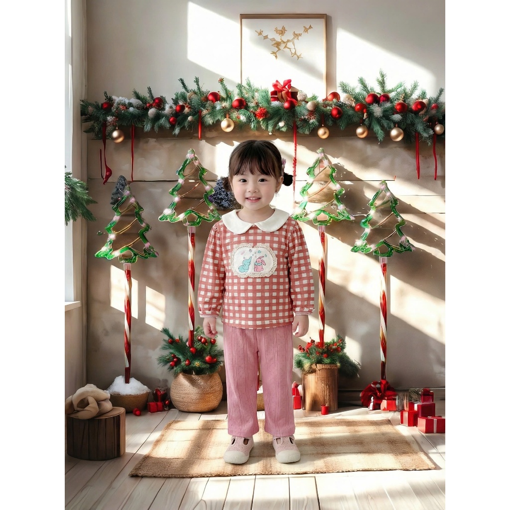 Set bộ dài tay bé gái cổ sen Miniumbaby may viền ngực thỏ voi điệu đà, chất áo cotton mềm mại SB2545