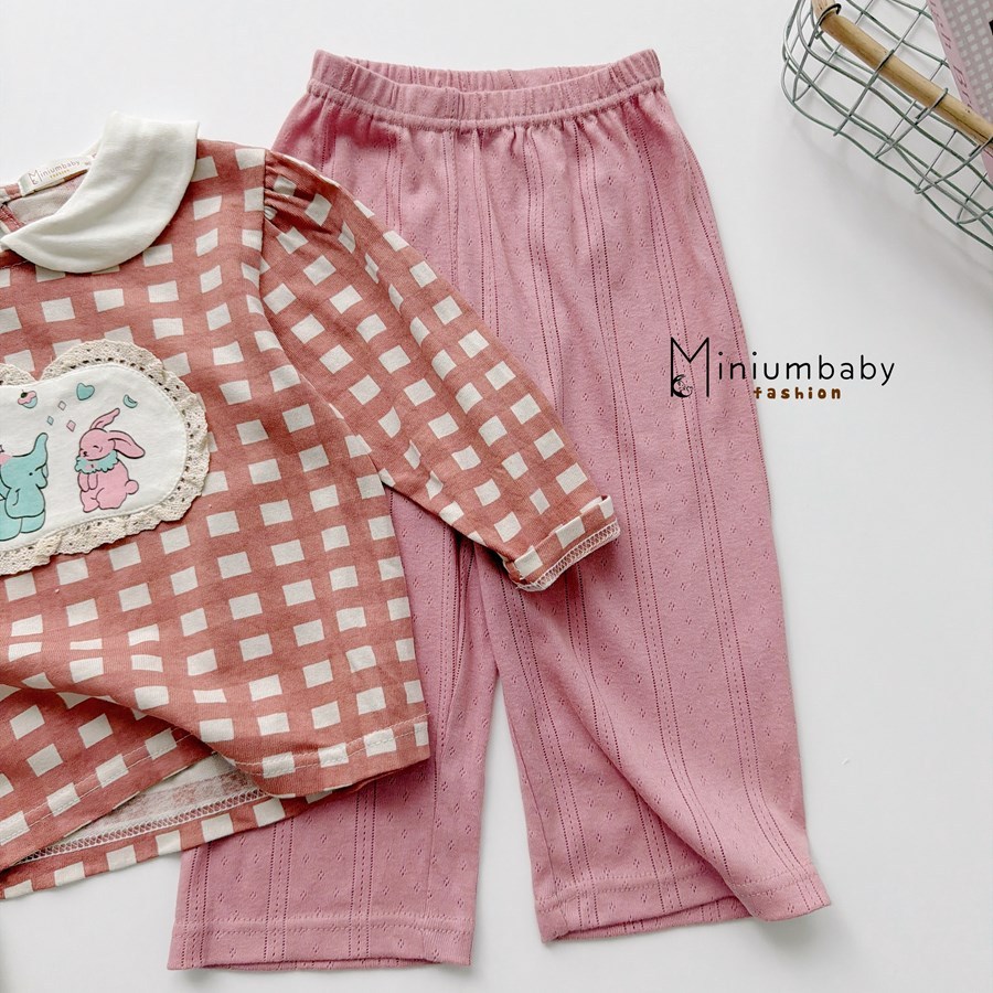 Set bộ dài tay bé gái cổ sen Miniumbaby may viền ngực thỏ voi điệu đà, chất áo cotton mềm mại SB2545
