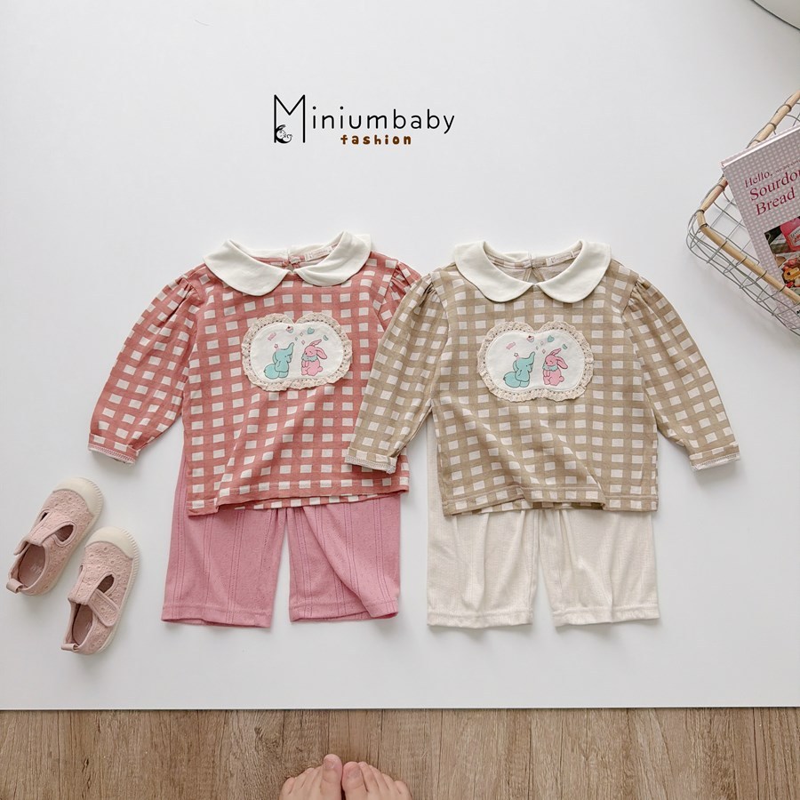 Set bộ dài tay bé gái cổ sen Miniumbaby may viền ngực thỏ voi điệu đà, chất áo cotton mềm mại SB2545