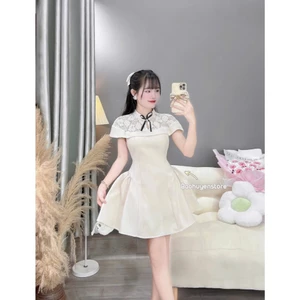 Đầm Nữ Phối Ren Hoa Mai Cao Cấp Kèm Quần Rời, Dáng Xòe Tiểu Thư Sang Trọng