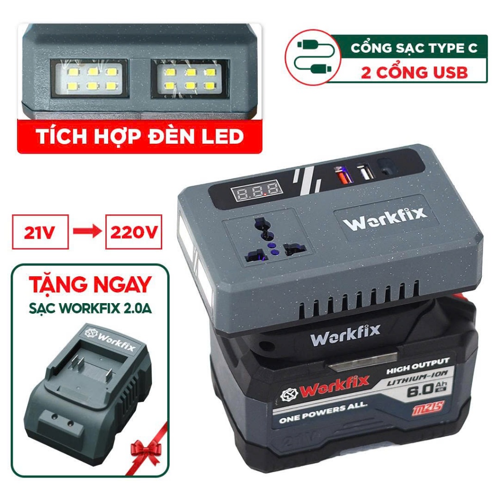 Bộ Đế Chuyển Tần Workfix WF-CD220PRO 2 Đèn Siêu Sáng  Biến 21V lên AC 110–220V + USB/TYPE-C